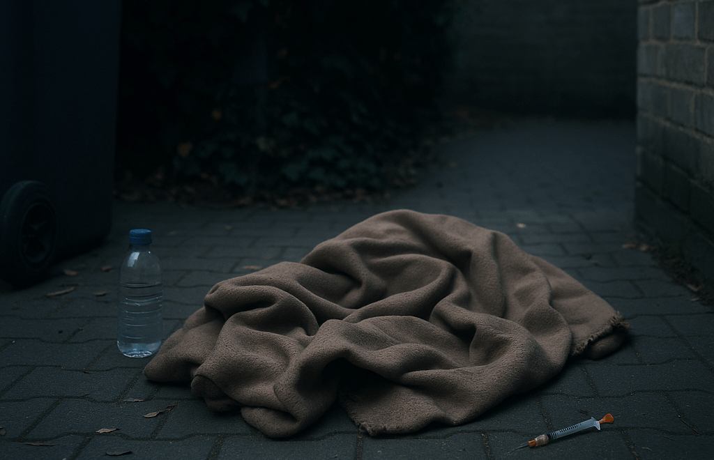 Abgelegene Straßenecke mit Decke, leerer Wasserflasche und Spritze – Symbolbild für unsichtbares Leid von Drogenabhängigen in Paderborn.