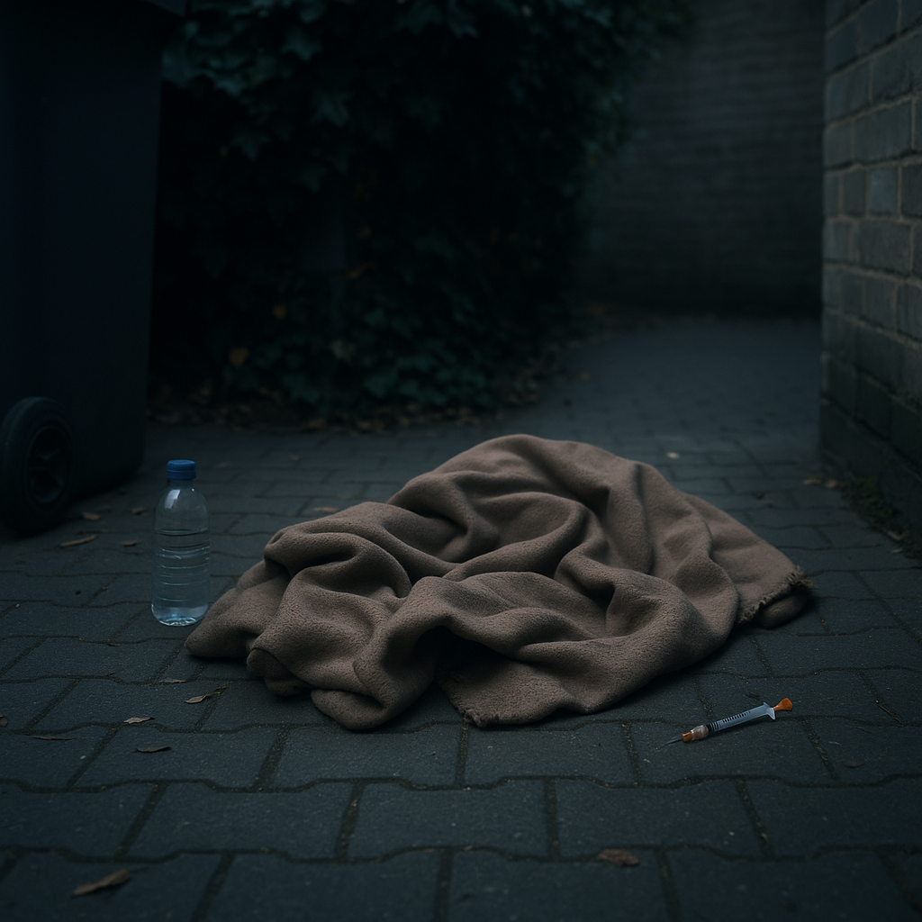 Abgelegene Straßenecke mit Decke, leerer Wasserflasche und Spritze – Symbolbild für unsichtbares Leid von Drogenabhängigen in Paderborn.