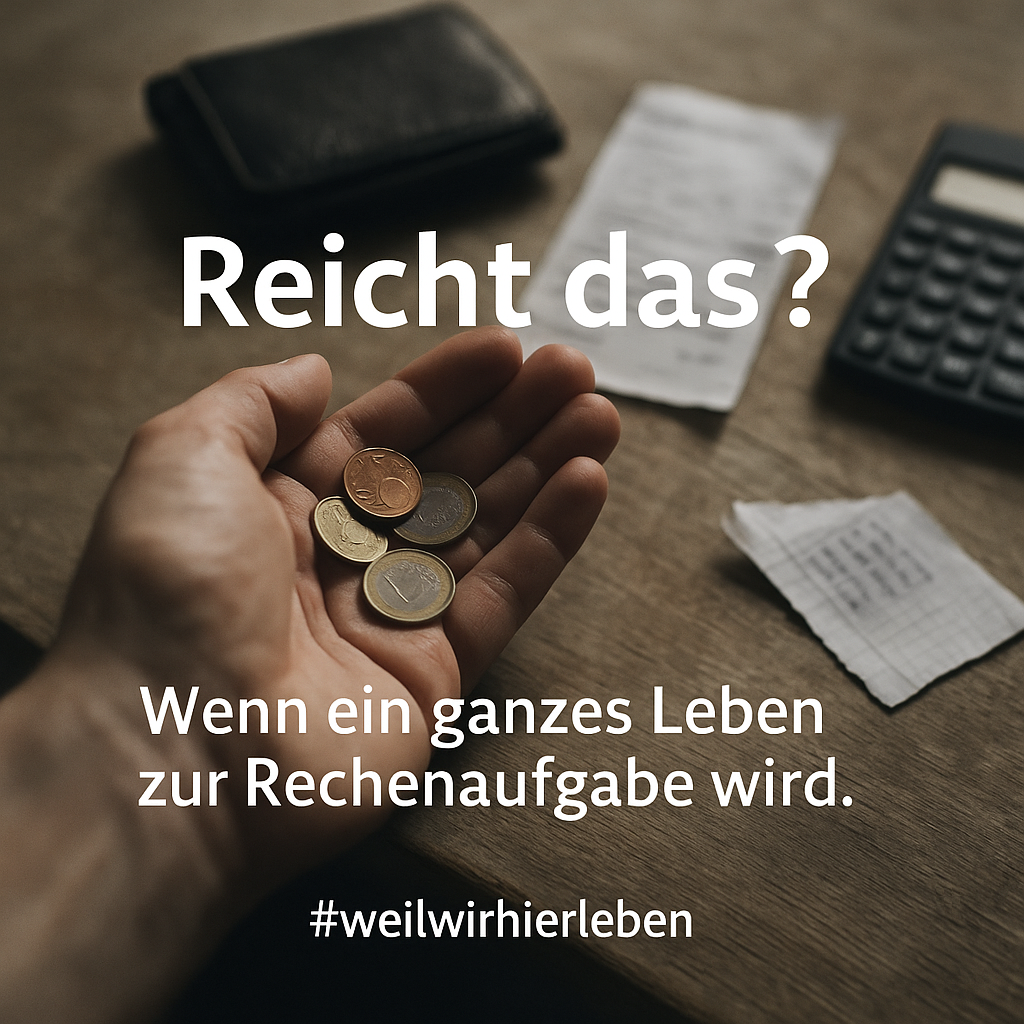 Geöffnete Hand mit wenigen Euro-Münzen, im Hintergrund ein Taschenrechner, Einkaufszettel und eine Geldbörse auf einem alten Holztisch – Text: „Reicht das? Wenn ein ganzes Leben zur Rechenaufgabe wird