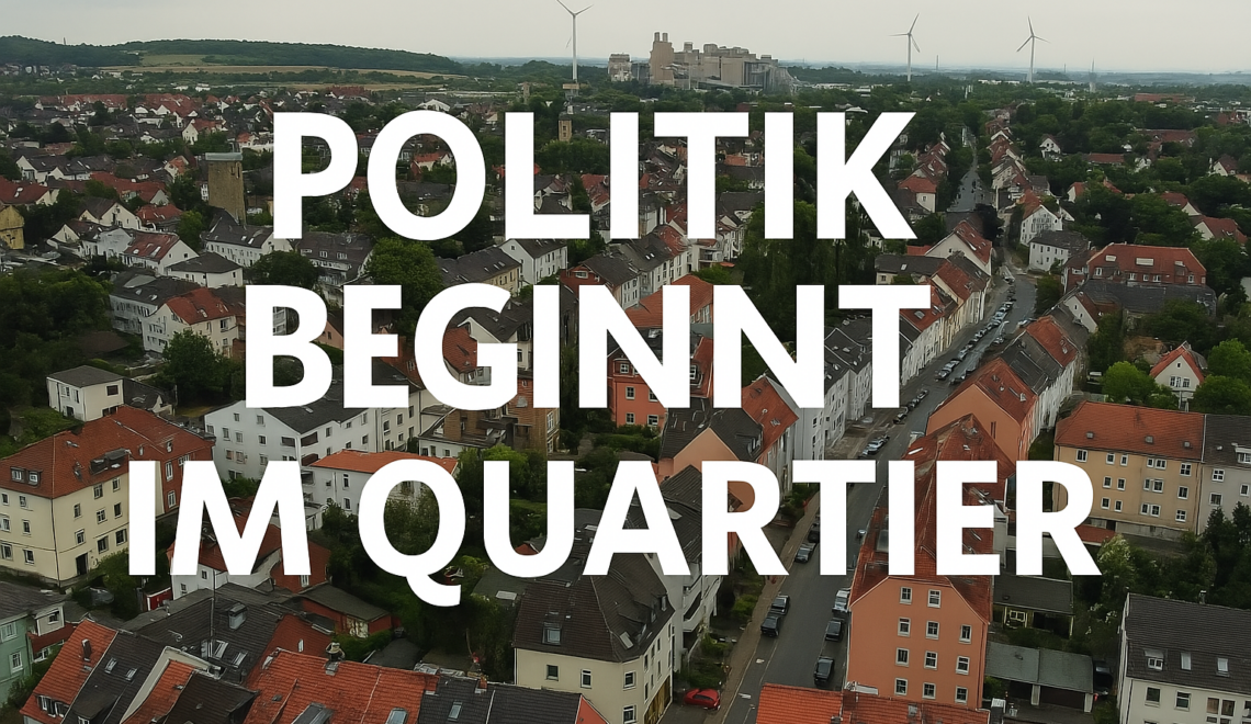 Luftbild der Paderborner Südstadt mit der Aufschrift „Politik beginnt im Quartier“
