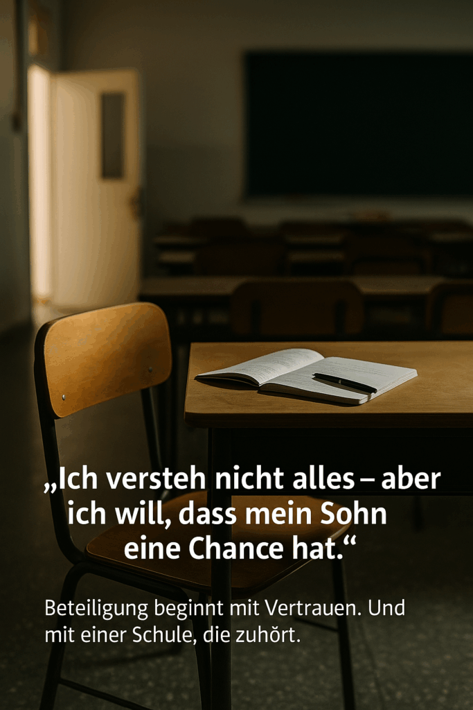 Ein leerer Schulstuhl vor einem Schreibtisch mit offenem Notizheft und Kugelschreiber. Im Hintergrund fällt Licht durch eine geöffnete Tür.