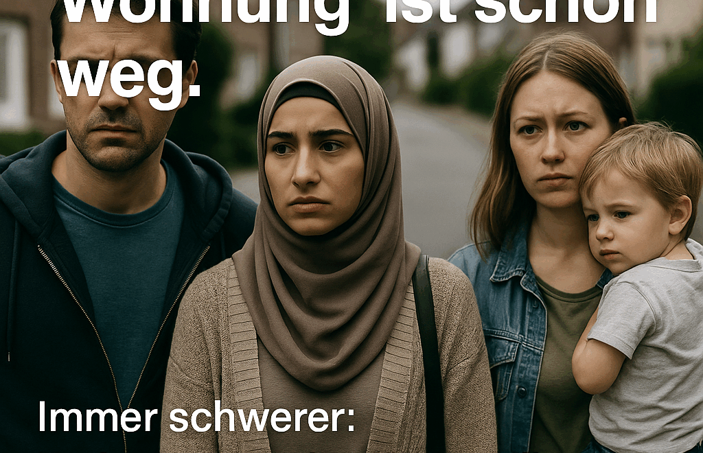 Junge Familie mit Kleinkind und junge Erwachsene stehen angespannt vor Wohnhäusern – symbolisch für Wohnungsnot und Verdrängung in der Südstadt von Paderborn.“