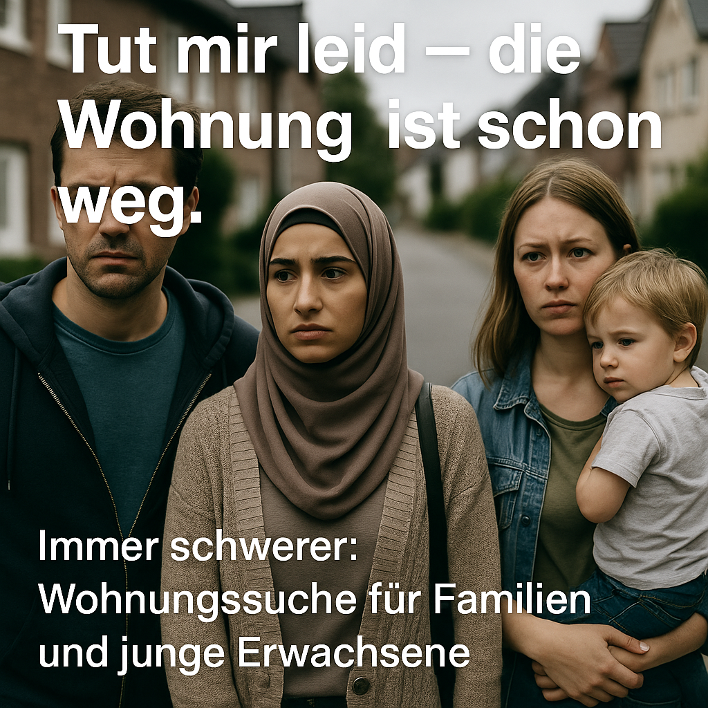 Junge Familie mit Kleinkind und junge Erwachsene stehen angespannt vor Wohnhäusern – symbolisch für Wohnungsnot und Verdrängung in der Südstadt von Paderborn.“