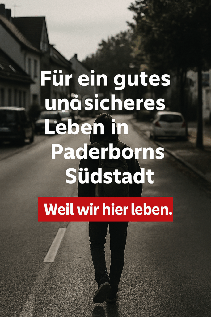 Eine Person mit Kapuze und Rucksack geht alleine eine leere Straße entlang. Der Text "Für ein gutes und sicheres Leben in Paderborns Südstadt – Weil wir hier leben" ist eingeblendet.