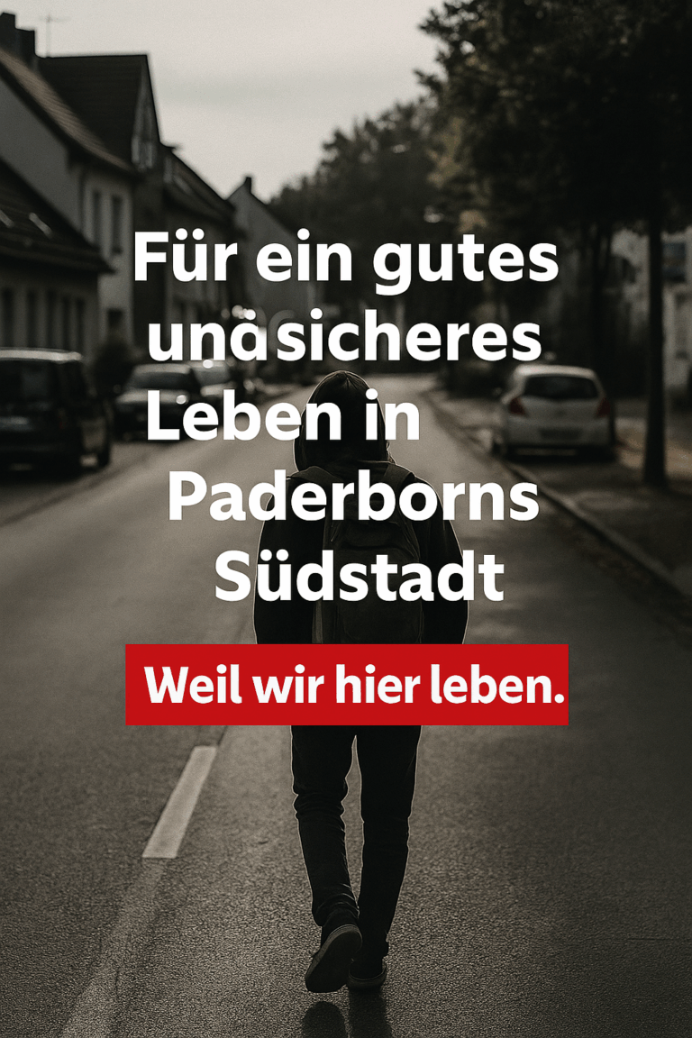 Eine Person mit Kapuze und Rucksack geht alleine eine leere Straße entlang. Der Text "Für ein gutes und sicheres Leben in Paderborns Südstadt – Weil wir hier leben" ist eingeblendet.