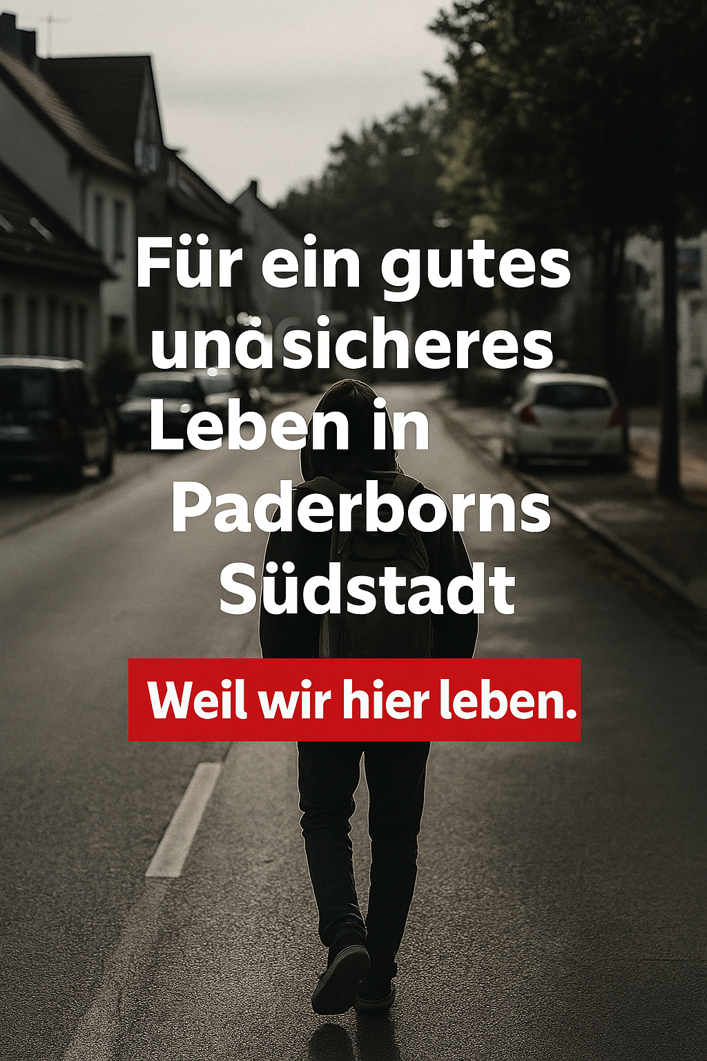 Eine Person mit Kapuze und Rucksack geht alleine eine leere Straße entlang. Der Text "Für ein gutes und sicheres Leben in Paderborns Südstadt – Weil wir hier leben" ist eingeblendet.