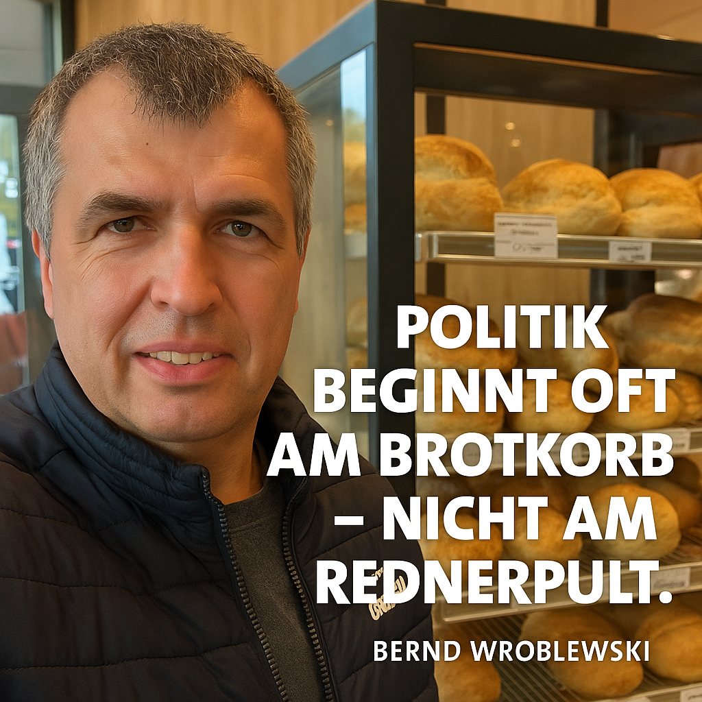 Bernd Wroblewski in einer Bäckerei in der Paderborner Südstadt mit dem Zitat „Politik beginnt oft am Brotkorb – nicht am Rednerpult.“ als Textoverlay.