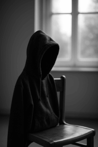 Ein dunkler Hoodie hängt über der Lehne eines leeren Holzstuhls vor einem Fenster. Symbol für Abwesenheit, Rückzug und stille Jugendarmut.