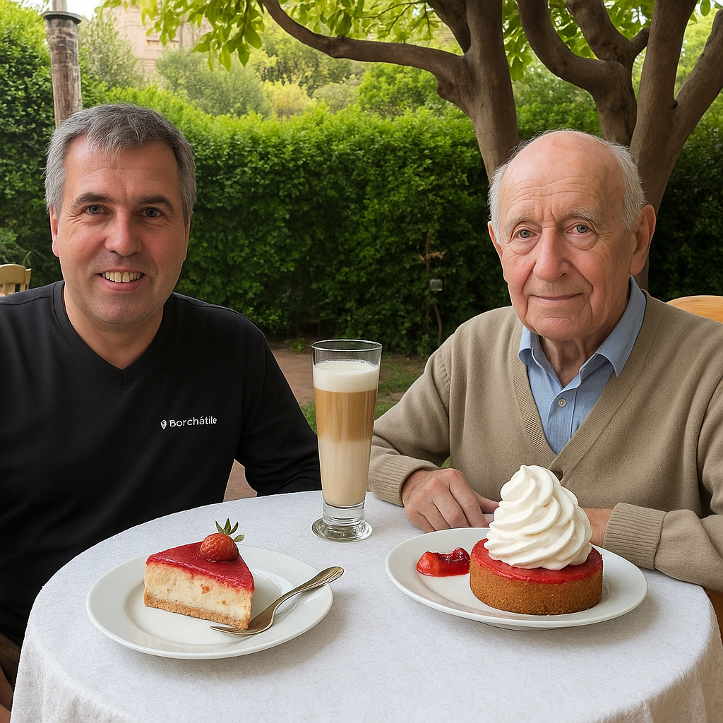 Bernd Wroblewski im Gespräch mit einem älteren Mann bei Kaffee und Kuchen im Garten