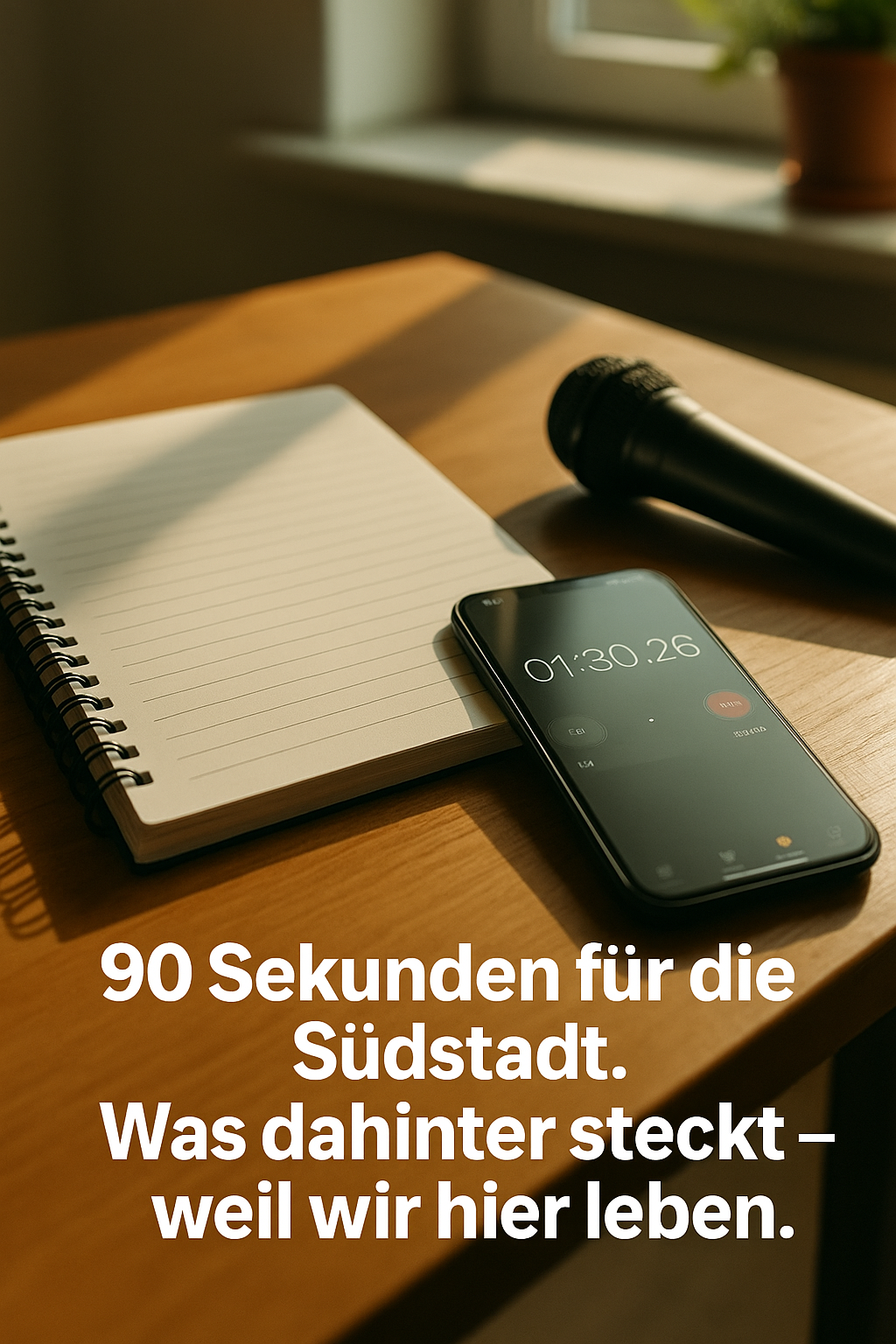 Ein Smartphone mit laufender Stoppuhr liegt neben einem Notizbuch und Mikrofon auf einem Holztisch. Sonnenlicht fällt durch das Fenster.