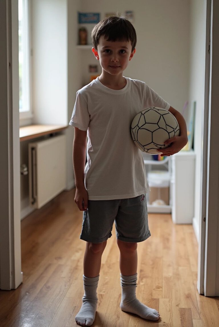 Junge mit Fußball steht still in einem Zimmer und blickt ernst in die Kamera – Symbol für Kinderarmut und fehlende Teilhabe
