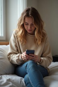 Mädchen sitzt still auf dem Bett und schaut auf ihr Handy – stille Jugendarmut in der Südstadt Paderborn