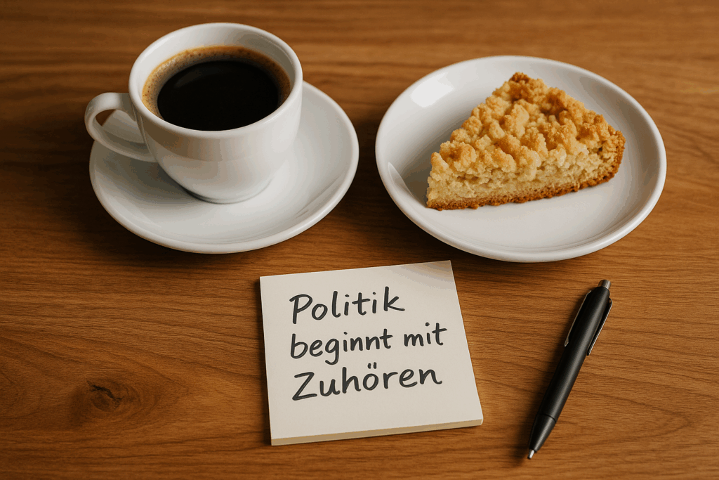 Kaffee und Streuselkuchen auf einem Holztisch mit Notizzettel: Politik beginnt mit Zuhören