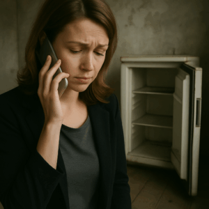 Eine erschöpfte Frau telefoniert mit ernstem Gesichtsausdruck. Im Hintergrund ein leerer Kühlschrank. Symbol für emotionale und finanzielle Belastung.