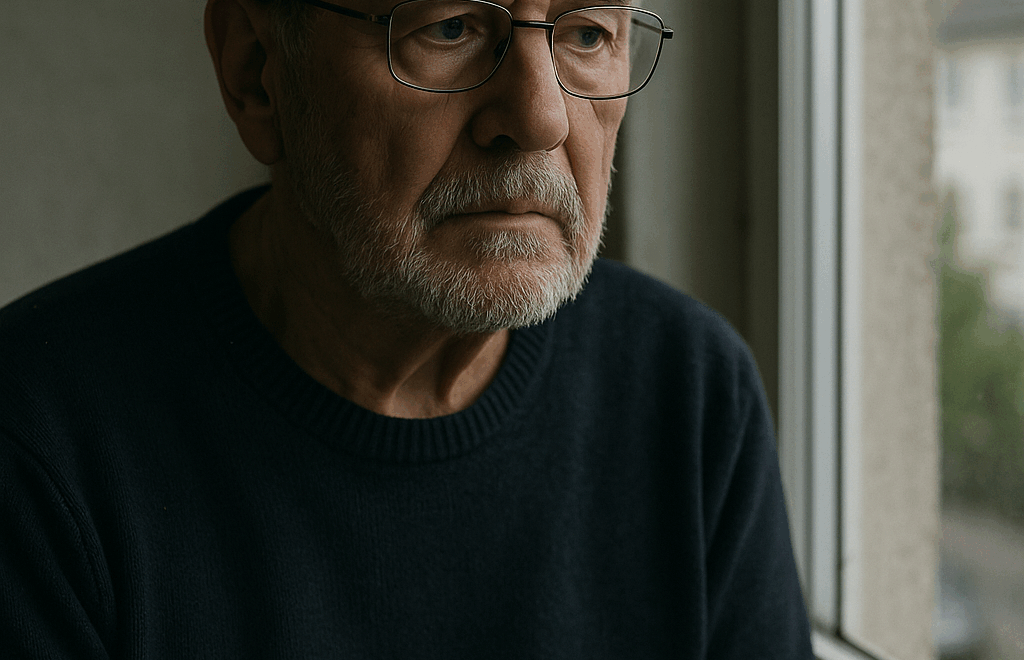 Ein älterer Mann mit Brille sitzt nachdenklich am Fenster – Symbol für Einsamkeit und Barrieren im Alltag