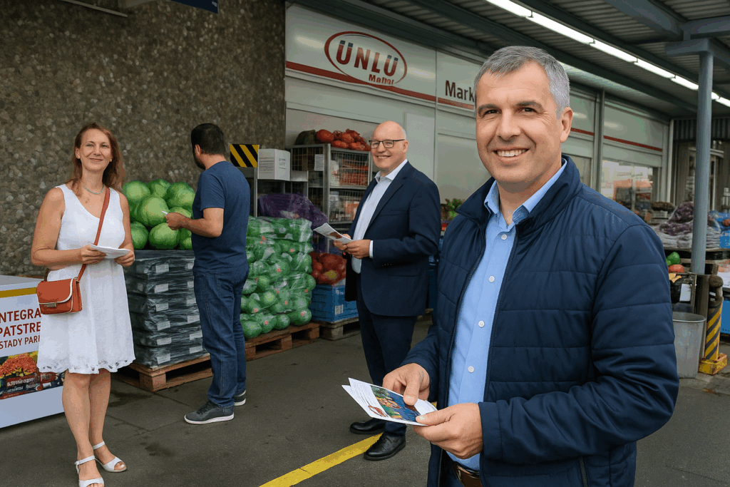 Bernd Wroblewski steht mit Flyern vor dem Ünlü Market in der Paderborner Südstadt, umgeben von weiteren Menschen beim politischen Gespräch – ein Moment aus dem Wahlkreis 9.