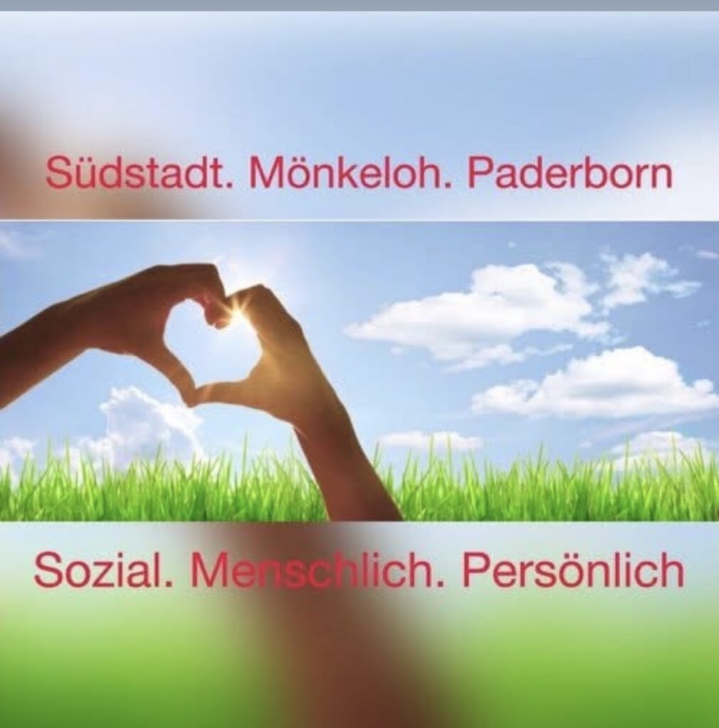 Kampagnenlogo mit Herzsymbol im „M“ – Südstadt. Mönkeloh. Paderborn. Sozial. Menschlich. Persönlich.