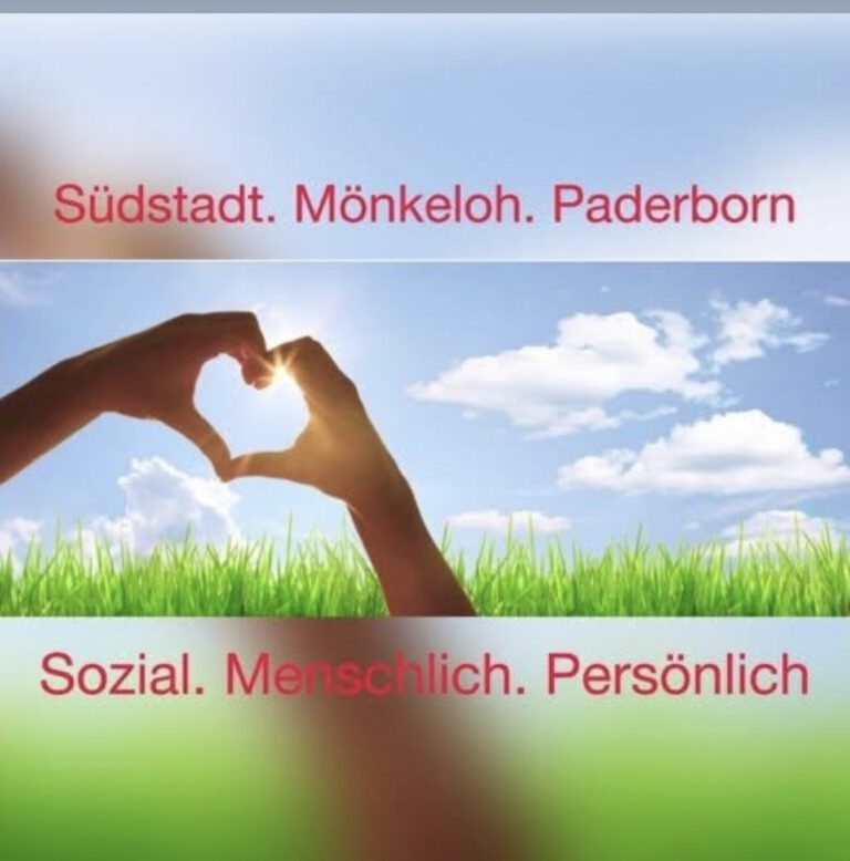 Kampagnenlogo mit Herzsymbol im „M“ – Südstadt. Mönkeloh. Paderborn. Sozial. Menschlich. Persönlich.