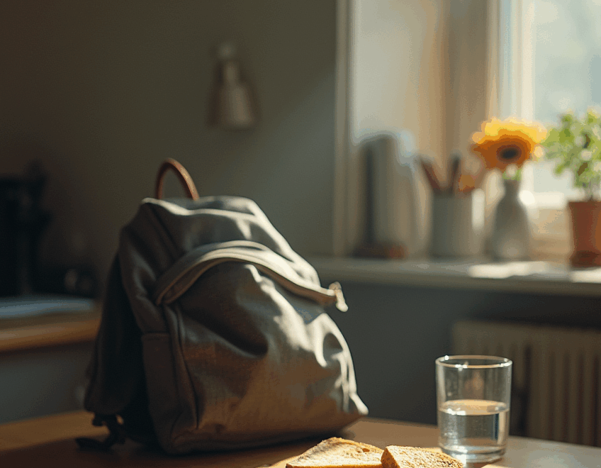 Ein Schulrucksack liegt auf einem Tisch, daneben ein halbes belegtes Brötchen und ein Glas Wasser. Im Hintergrund fällt Sonnenlicht durch ein Fenster.