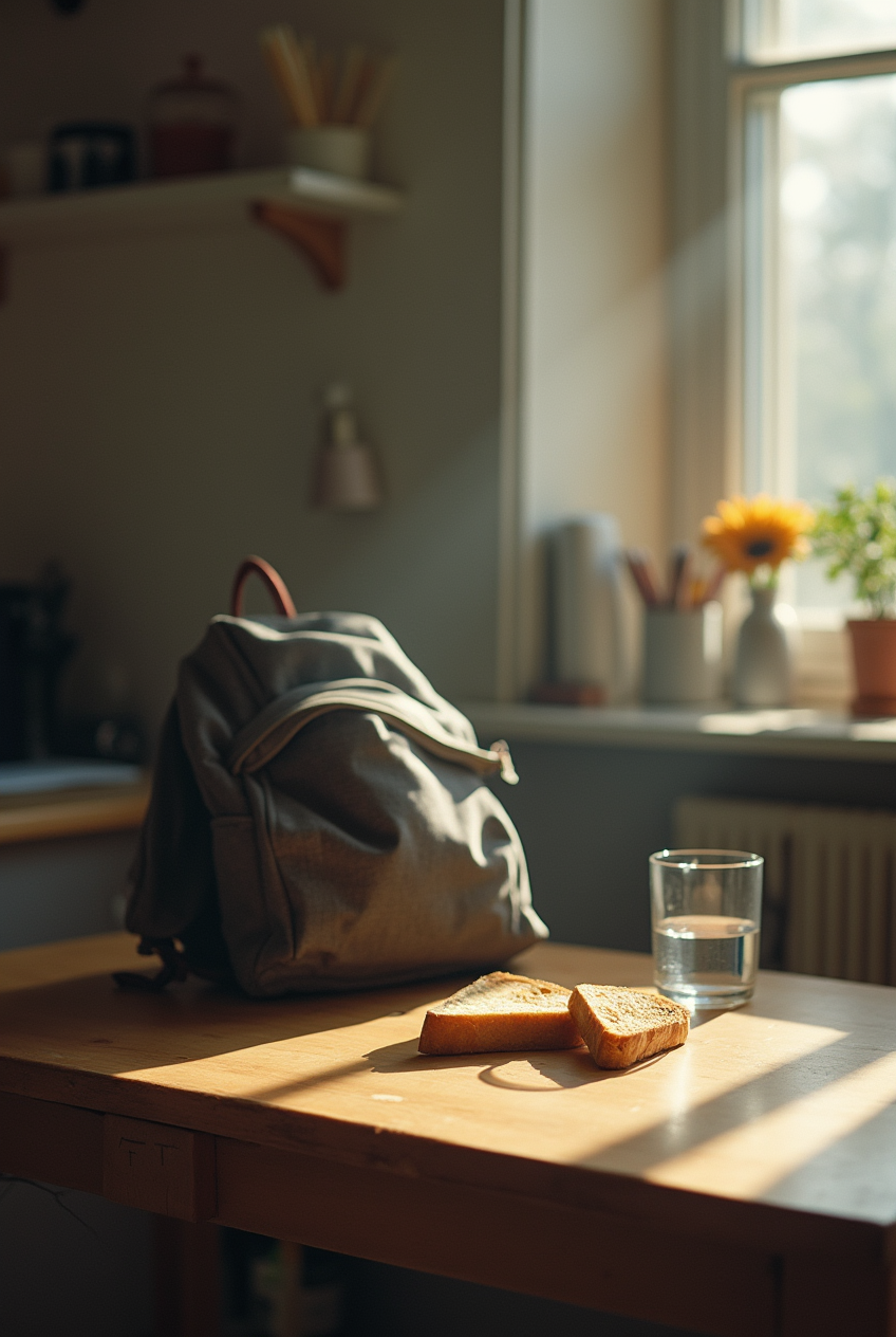 Ein Schulrucksack liegt auf einem Tisch, daneben ein halbes belegtes Brötchen und ein Glas Wasser. Im Hintergrund fällt Sonnenlicht durch ein Fenster.