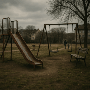 Verlassener Spielplatz mit rostiger Rutsche, leeren Schaukeln und einsamer Bank – Sinnbild für vernachlässigte öffentliche Orte in der Südstadt