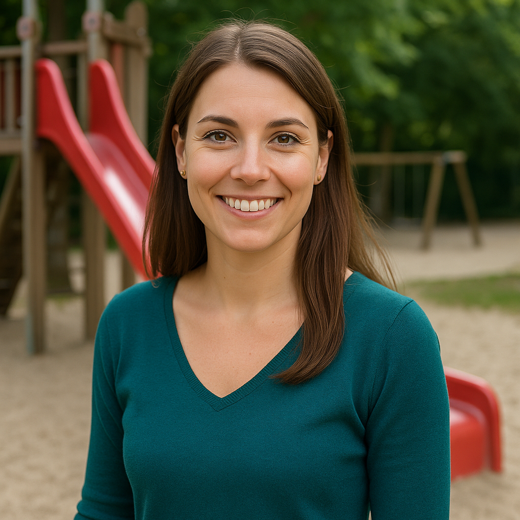 Nadine, alleinerziehende Mutter aus der Südstadt, auf dem Spielplatz – Symbolbild für Vereinbarkeit und Ganztagsbetreuung.