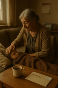 Ältere Frau mit ernstem Blick auf einem Sofa, Symbolbild für unbezahlte Sorgearbeit in der Südstadt Paderborn