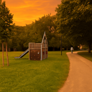 Spielplatz im Bürgerpark Paderborn mit Rutsche und Grünfläche bei warmem Abendlicht – Symbol für Gemeinschaft, Familie und Teilhabe in der Südstadt