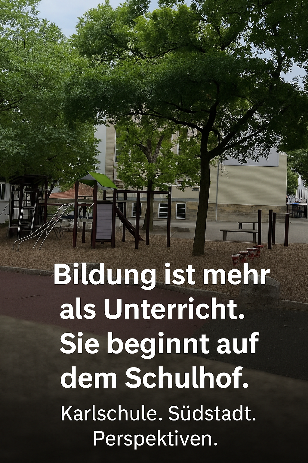 Schulhof der Karlschule in Paderborn mit Spielplatz und Bäumen. Text: Bildung ist mehr als Unterricht. Sie beginnt auf dem Schulhof. Karlschule. Südstadt. Perspektiven.