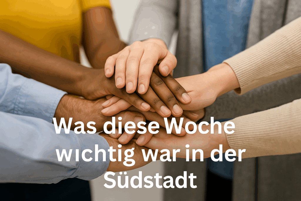 „Mehrere unterschiedliche Hände bilden gemeinsam ein Symbol für Zusammenhalt und Vielfalt – Herz der Südstadt-Kampagne.“