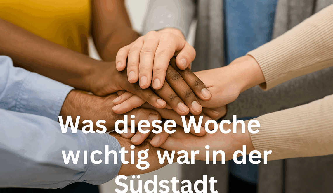 „Mehrere unterschiedliche Hände bilden gemeinsam ein Symbol für Zusammenhalt und Vielfalt – Herz der Südstadt-Kampagne.“