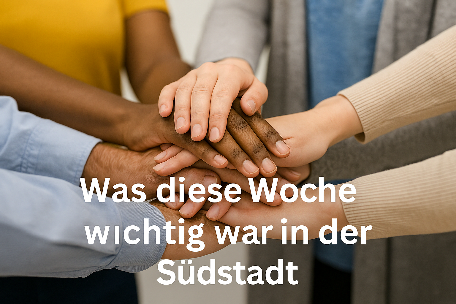 „Mehrere unterschiedliche Hände bilden gemeinsam ein Symbol für Zusammenhalt und Vielfalt – Herz der Südstadt-Kampagne.“