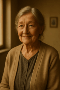 Ältere Frau mit grauen Haaren sitzt lächelnd in einem Wohnzimmer in der Südstadt Paderborn – Symbolbild für engagierte Großeltern