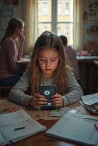 Mädchen mit altem Smartphone sitzt am Küchentisch und versucht Schulaufgaben zu erledigen – digitales Lernen in der Südstadt Paderborn ohne WLAN