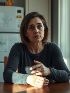 „Eine nachdenkliche Mutter sitzt am Küchentisch im Sonnenlicht. Sie wirkt besorgt und spricht über die Schwierigkeiten ihrer Tochter in der Schule.“