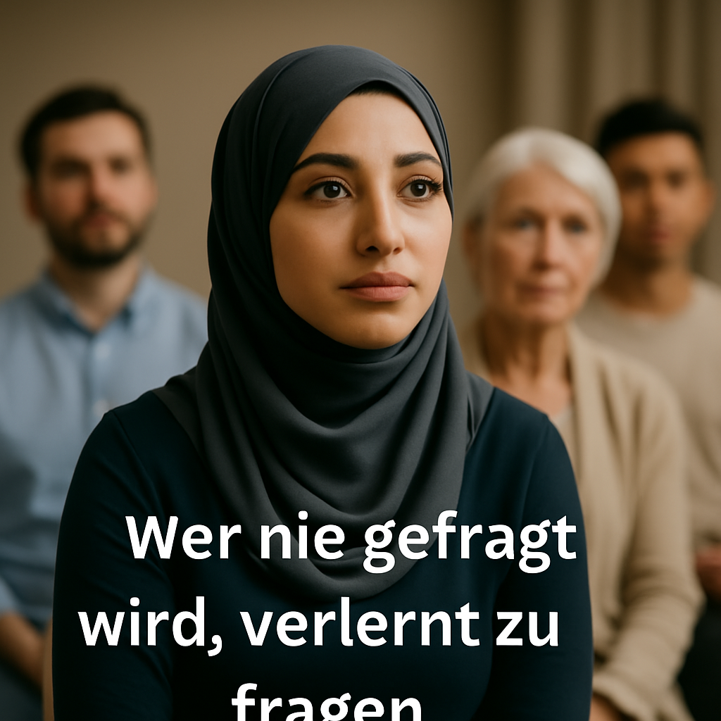 „Junge Frau mit dunklem Hijab sitzt nachdenklich in einer Diskussionsrunde – Symbol für ungehörte Stimmen und fehlende politische Teilhabe.“