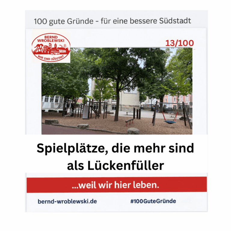 Bild mit dem Text „Spielplätze, die mehr sind als Lückenfüller“ und einem Spielplatz in der Paderborner Südstadt – Teil der Kampagne 100 gute Gründe