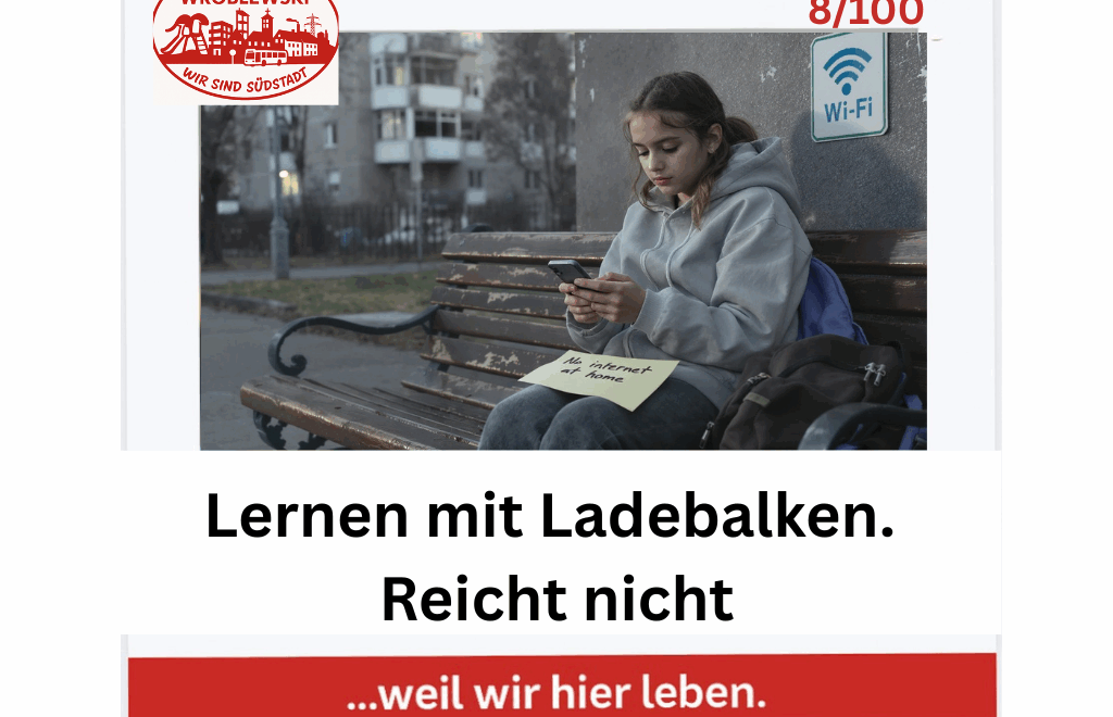 Mädchen sitzt mit Smartphone auf Parkbank in der Südstadt Paderborn, kein WLAN-Zugang, digitale Ausgrenzung beim Lernen