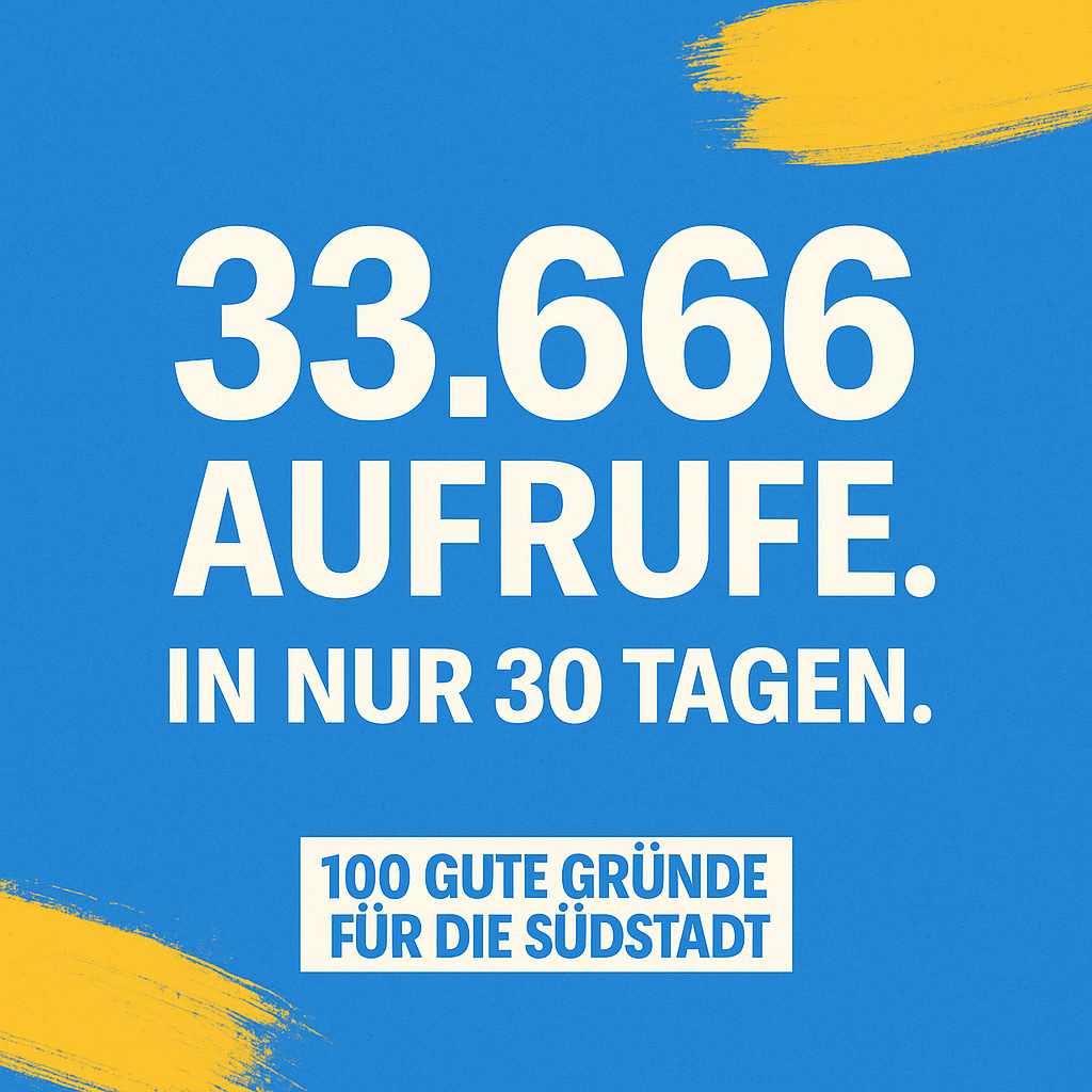 Infografik mit Text: 33.666 Aufrufe in 30 Tagen – 100 gute Gründe für die Südstadt