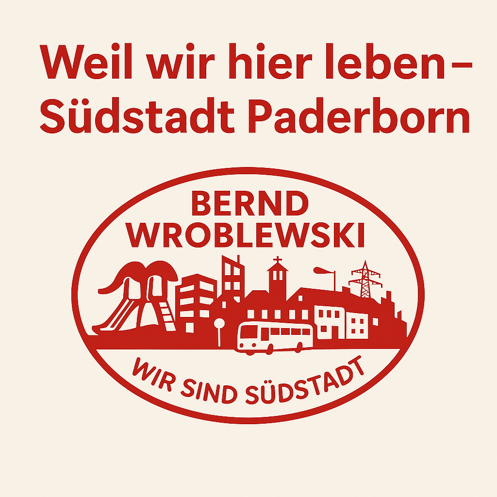 Logo von Bernd Wroblewski mit dem Slogan „Weil wir hier leben – Südstadt Paderborn“, Teil der Kampagne 100 gute Gründe für die Südstadt