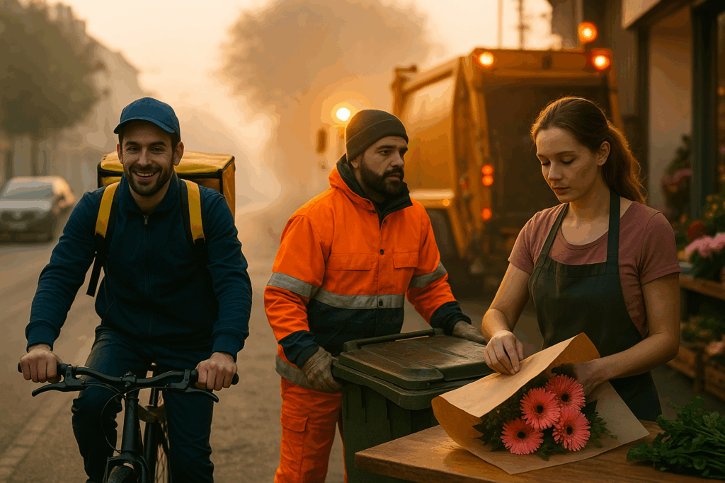 „Frühmorgens: Ein Fahrradkurier, ein Müllwerker und eine Floristin bei der Arbeit – Symbolbild für systemrelevante Berufe mit niedriger Bezahlung.“