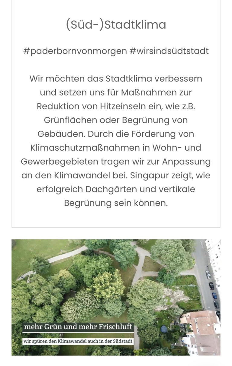 Screenshot der Webseite zum Stadtklima in der Paderborner Südstadt mit Luftaufnahme von Grünflächen und Text zu Maßnahmen gegen Hitzeinseln