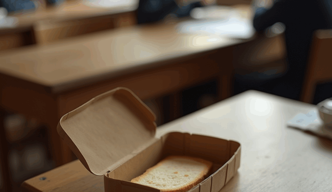 Leerer Schultisch mit halb gefüllter Brotdose im Vordergrund, im Hintergrund Kinder beim Essen. Text im Bild: „Ich tu so, als wäre ich nicht hungrig.“