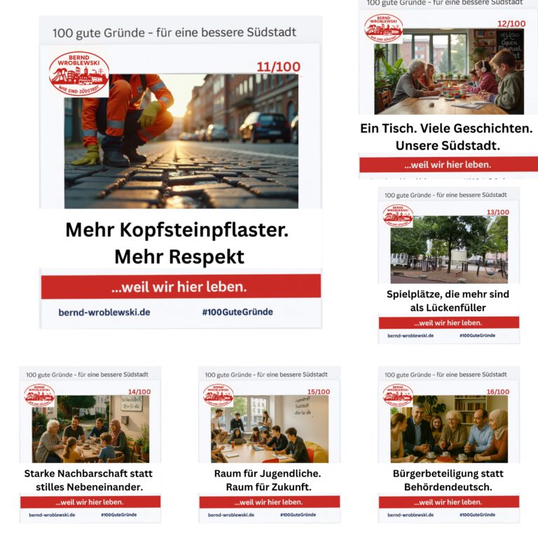 Bildkollage zur Themenwoche „Arbeit & Anerkennung“ aus der Kampagne 100 gute Gründe für die Südstadt – mit Szenen aus Nachbarschaft, Spielplatz, Quartierstreff und Bürgerpark