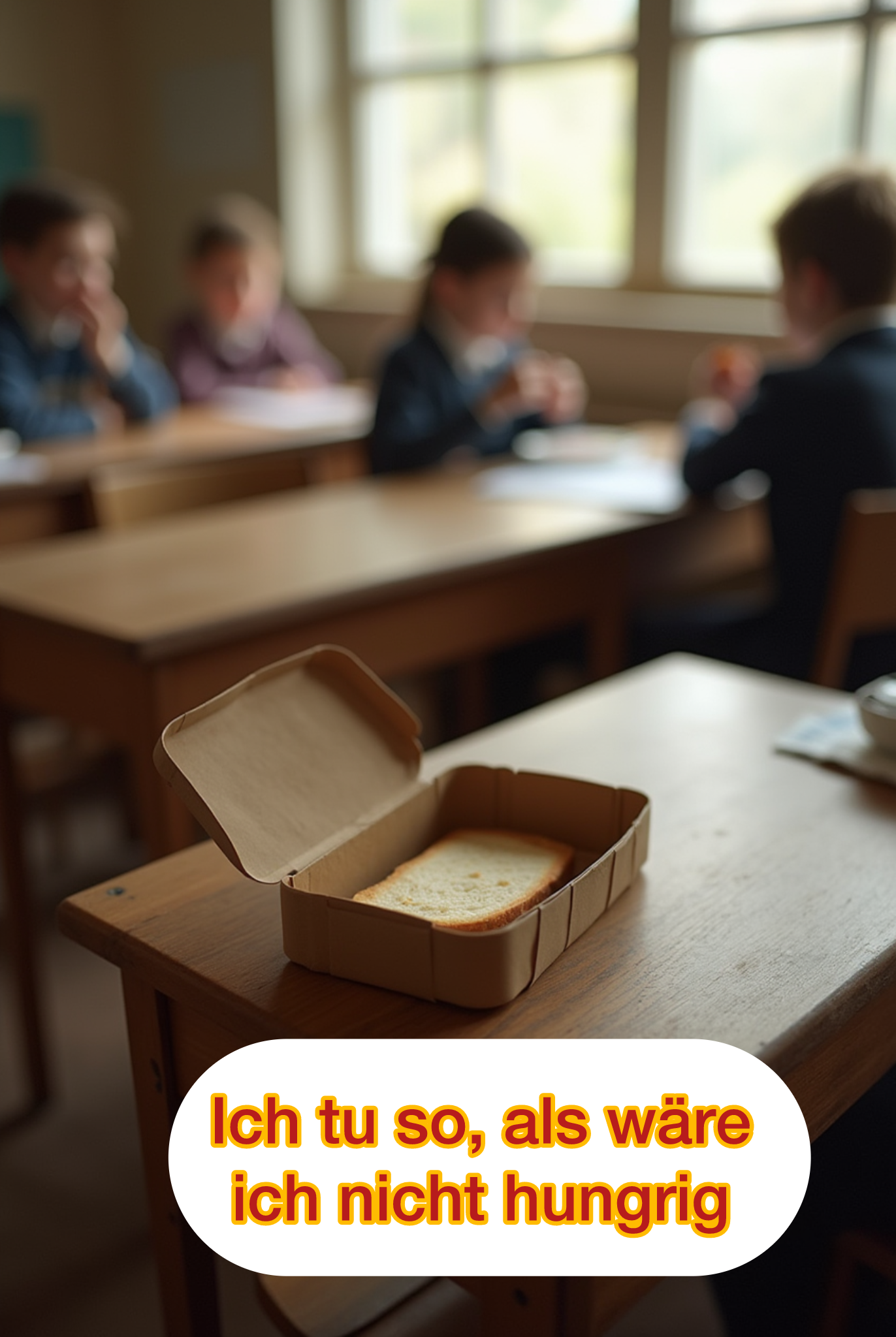 Leerer Schultisch mit halb gefüllter Brotdose im Vordergrund, im Hintergrund Kinder beim Essen. Text im Bild: „Ich tu so, als wäre ich nicht hungrig.“