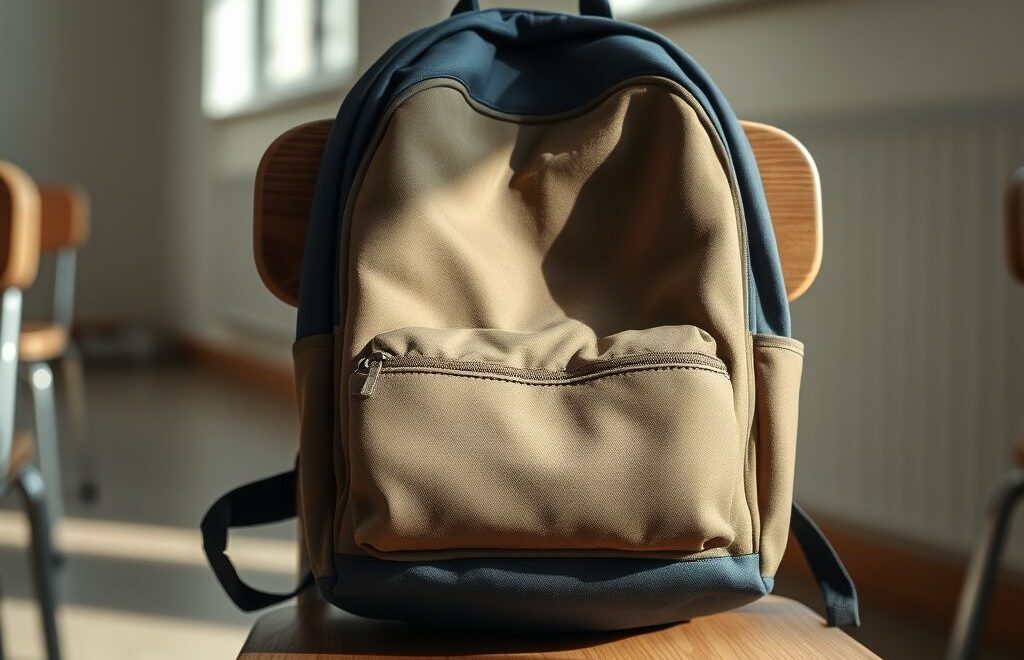 Ein leerer Schulrucksack auf einem Stuhl – Symbol für ein Kind, das bei der Klassenfahrt fehlt.