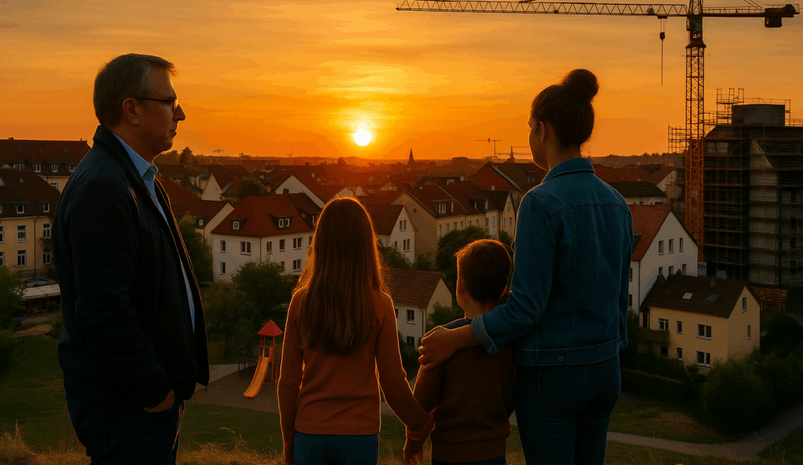Eine Familie und ein Mann blicken bei Sonnenuntergang auf die Dächer der Südstadt in Paderborn. Im Hintergrund Baustellen, Kräne und Wohnhäuser – Symbol für soziale Verantwortung und Zukunftsgestaltung.