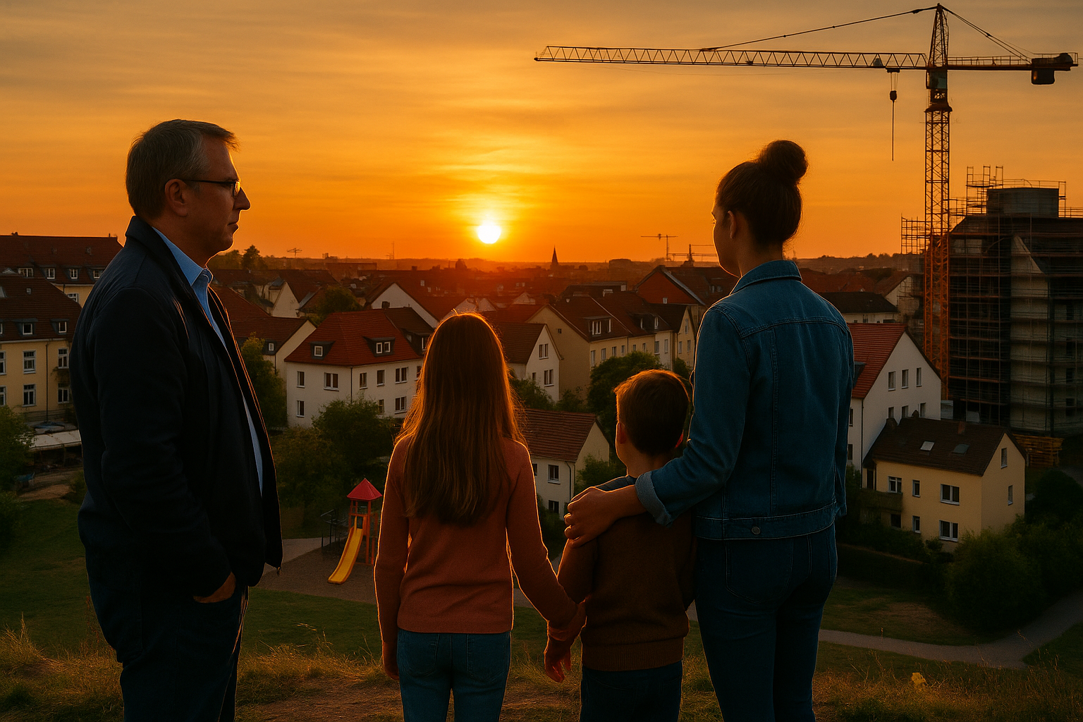 Eine Familie und ein Mann blicken bei Sonnenuntergang auf die Dächer der Südstadt in Paderborn. Im Hintergrund Baustellen, Kräne und Wohnhäuser – Symbol für soziale Verantwortung und Zukunftsgestaltung.