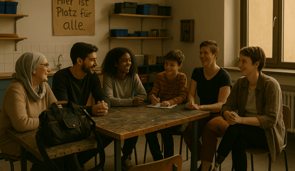 Menschen mit unterschiedlicher Herkunft und Identität im Werkraum – gemeinsam an einem Tisch, unter dem Schild „Hier ist Platz für alle“