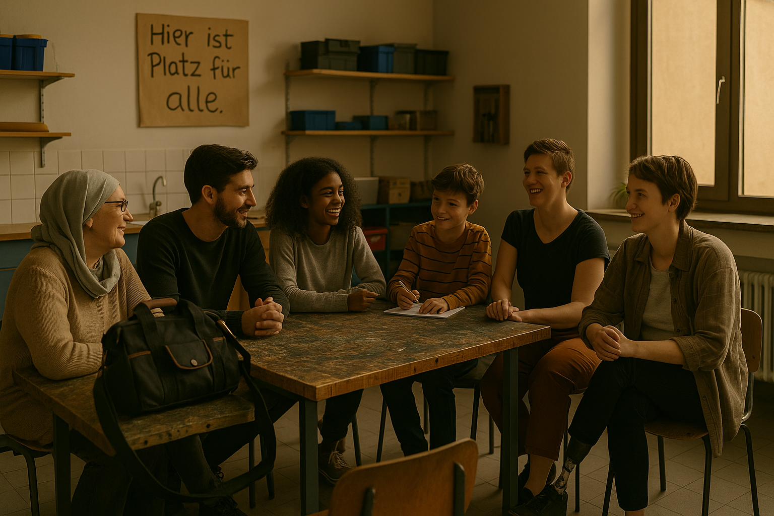 Menschen mit unterschiedlicher Herkunft und Identität im Werkraum – gemeinsam an einem Tisch, unter dem Schild „Hier ist Platz für alle“